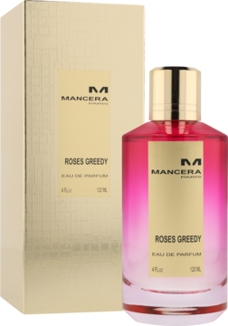 Mancera Roses Greedy woda perfumowana. Różowo-złota butelka 120ml ze złotym korkiem, obok złote pudełko. Widok z przodu.
