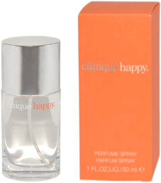 Clinique Happy woda perfumowana, przezroczysta butelka z atomizerem i pomarańczowe opakowanie z logo, widok z przodu.