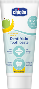 Biała tubka Chicco Toothpaste o smaku jabłkowo-bananowym, bez fluoru, dla dzieci 6-24 miesiące, widok z przodu.
