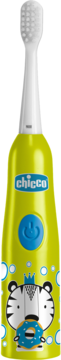 Dziecięca szczoteczka elektryczna Chicco, limonkowa, z wesołym tygryskiem i niebieskim przyciskiem zasilania.