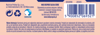 Tył opakowania mleka Bebilon Profutura DUOBIOTIK 1 w płynie, brzoskwiniowe tło z kodem kreskowym i symbolami recyklingu.