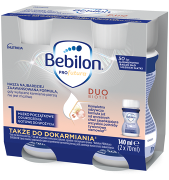 Bebilon Profutura DUOBIOTIK 1, 4-pak białych butelek 70ml mleka początkowego w płynie, widok z przodu opakowania.