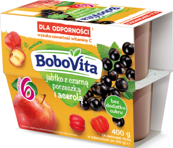 BoboVita mus owocowy 6+ dla odporności, jabłko, czarna porzeczka, acerola. Żółte opakowanie 4x100g, widok z przodu.