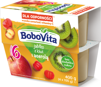 BoboVita mus jabłko-kiwi-acerola 4x100g, żółte opakowanie z owocami, dla dzieci 6m+, widok z przodu.