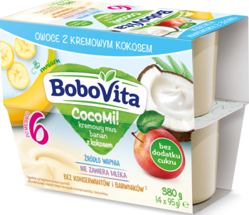 BoboVita CocoMil, 2-pak musu bananowo-kokosowego dla niemowląt 6m+, białe kubeczki, widok z przodu.