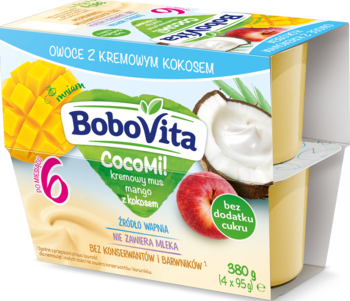 BoboVita CocoMi! kremowy mus mango-kokos dla dzieci 6+, 4 żółte kubeczki, widok z przodu.