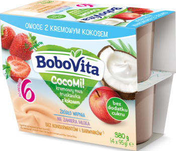 BoboVita CocoMi! mus truskawka kokos dla dzieci 6m+, w białym opakowaniu z truskawkami i kokosem, widok z przodu.
