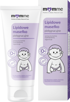 Momme Lipidowe masełko pielęgnacyjne 0+ w białej tubce i pudełku z fioletowym logo i rysunkiem niemowlaka.