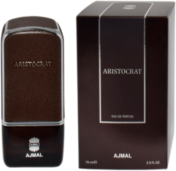 Męska woda perfumowana Ajmal Aristocrat: brązowa butelka z teksturą i pasujące pudełko obok siebie.