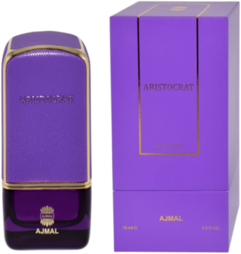 Woda perfumowana Ajmal Aristocrat w luksusowej fioletowej butelce i pudełku ze złotymi detalami, na jasnym tle.