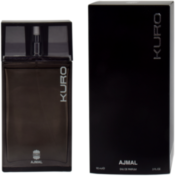 Perfumy męskie Ajmal Kuro w ciemnej butelce i czarnym pudełku, widok z przodu. Idealne na wieczór.