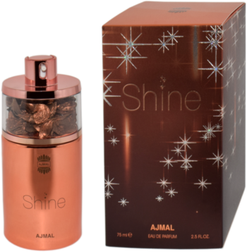 Damska woda perfumowana Ajmal Shine 75ml: miedziana butelka i pudełko z wzorem iskier, widok z przodu.