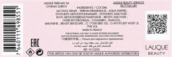 Tył różowego opakowania wody perfumowanej Lalique Satine z kodem kreskowym, QR code i listą składników.