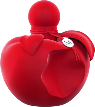 Nina Ricci Extra Rouge woda perfumowana, czerwona matowa butelka-jabłko z listkiem i tagiem NR, widok z przodu.