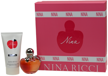 Nina Ricci zestaw prezentowy: różowe pudełko, flakon perfum w kształcie jabłka i balsam do ciała. Widok z przodu.
