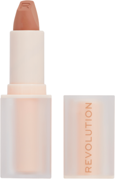 Otwarta satynowa pomadka Revolution Lip Allure w beżowym odcieniu nude, w mlecznej tubce, obok leży zakrętka.