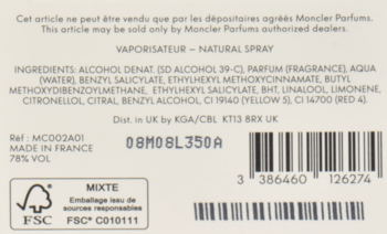 Beżowy tył opakowania perfum Moncler, z listą składników, kodem kreskowym i logo FSC na jasnym tle.