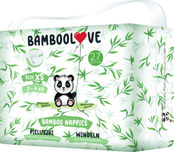 Opakowanie pieluszek Bamboolove XS (2-4 kg) z pandą i liśćmi bambusa. Widok z przodu, 27 sztuk.