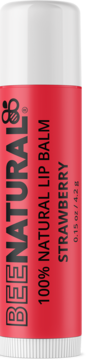Balsam do ust Bee Natural Strawberry w białym tubie z czerwoną etykietą, widok z przodu. 100% naturalny.