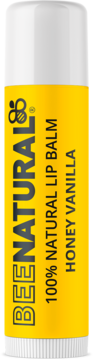 Bee Natural Honey Vanilla 100% natural lip balm w żółto-białej tubce, widok z przodu, z logo pszczoły.