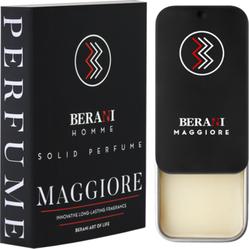 Czarne perfumy w sztyfcie Berani Maggiore dla mężczyzn, pudełko i otwarty metalowy pojemnik z beżowym wkładem.