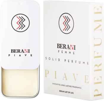 Perfumy w sztyfcie Berani Piave Femme w otwartej białej metalowej puszce i eleganckim opakowaniu.