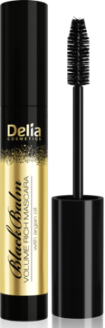 Delia Black Balm Volume Rich mascara, czarna tuba ze złotą etykietą, z wyjętą szczoteczką do rzęs.