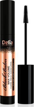 Czarna maskara Delia Black Balm Max Volume z efektem sztucznych rzęs, tubka z miedzianym wzorem i aplikator.