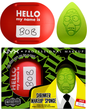 NYX Beetlejuice makeup sponge set: red 'Hello Bob' case & green zombie-face sponge, with the full box.