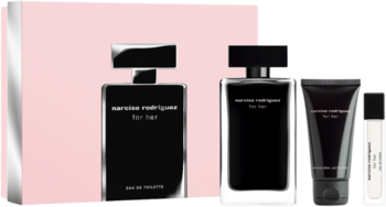 Zestaw Narciso Rodriguez For Her: 2 czarne flakony perfum, balsam i miniatura na różowym pudełku.