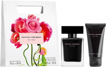 Zestaw Narciso Rodriguez for Her: biała torebka prezentowa z różowymi kwiatami, czarny flakon perfum i tuba balsamu.