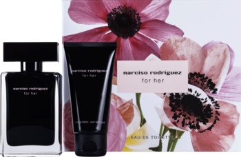 Zestaw Narciso Rodriguez for Her: czarna butelka wody toaletowej i balsam do ciała na tle pudełka w różowe kwiaty.