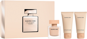 Zestaw Narciso Rodriguez: flakon perfum 50ml i dwa kosmetyki 50ml w pastelowym opakowaniu, widok z przodu.