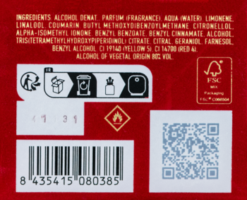 Tył opakowania perfum Scandal Pour Homme Absolu, czerwony, z kodem kreskowym, QR, logo FSC i składnikami.