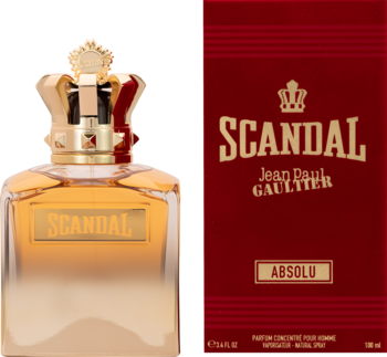 Złote perfumy Jean Paul Gaultier Scandal Absolu w butelce z koroną oraz czerwone opakowanie obok, widok z przodu.