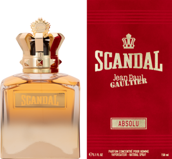 Złoty flakon perfum Jean Paul Gaultier Scandal Absolu z koroną, obok czerwone pudełko z napisem.