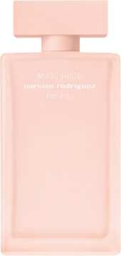 Wegańskie perfumy Narciso Rodriguez For Her Musc Nude w prostokątnej, matowej butelce, pudrowy róż.
