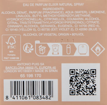 Tył opakowania Eau de Parfum Elixir Natural Spray z listą składników, kodem kreskowym i QR code na beżowym tle.