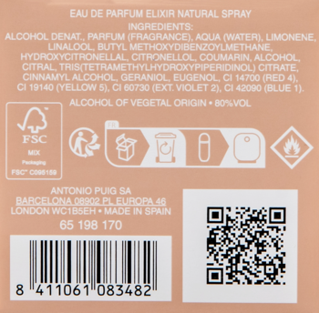 Tył opakowania Elixir Eau de Parfum, składniki, kod kreskowy, QR i symbole ekologiczne na brzoskwiniowym tle.