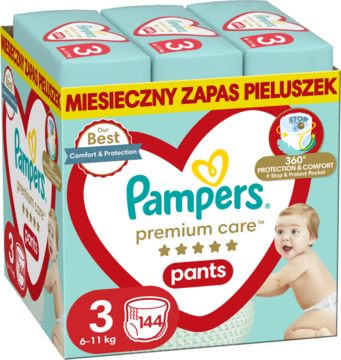 Duże opakowanie Pampers Premium Care Pants rozmiar 3 (144 sztuk) z napisem MIESIECZNY ZAPAS PIELUSZEK.