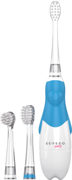 Biało-niebieska szczoteczka soniczna Seysso Baby Penguin Ice Blue z trzema końcówkami na czarnym tle.