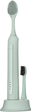 Szczoteczka soniczna Seysso Basic Aqua Grey, 2w1 z głowicą silikonową i zapasową zębną na podstawce, przód.