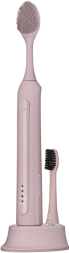 Seysso Basic Color Misty Rose, różowa szczoteczka soniczna 2w1 do zębów i twarzy na bazie, obok czarna końcówka.