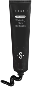 SEYSSO Whitening Black Toothpaste z aktywnym węglem, czarna tubka, widok z przodu z wyciśniętą pastą.