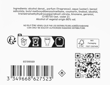 Tył białego opakowania perfum Invictus z listą składników, kodem kreskowym, QR kodem i symbolami recyklingu.