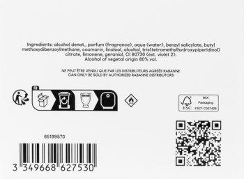 Tył opakowania perfum Invictus, biały kartonik z listą składników, ostrzeżeniami, kodem kreskowym i QR code.