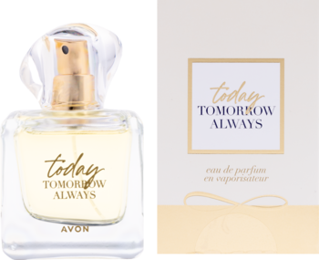 Woda perfumowana Avon TTA Today w przezroczystym flakonie z żółtym płynem i złotym atomizerem, obok pudełko.