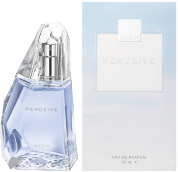 Avon Perceive Eau de Parfum, butelka z fasetami i srebrną zakrętką obok pudełka, błękitny design.