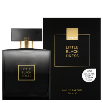 Perfumy Avon Little Black Dress, czarna butelka ze złotym napisem obok eleganckiego pudełka. Kwiatowo-orientalny zapach.