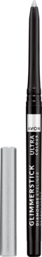 Czarna kredka Avon Glimmerstick Diamonds Eyeliner z błyszczącą białą końcówką i srebrną skuwką obok.